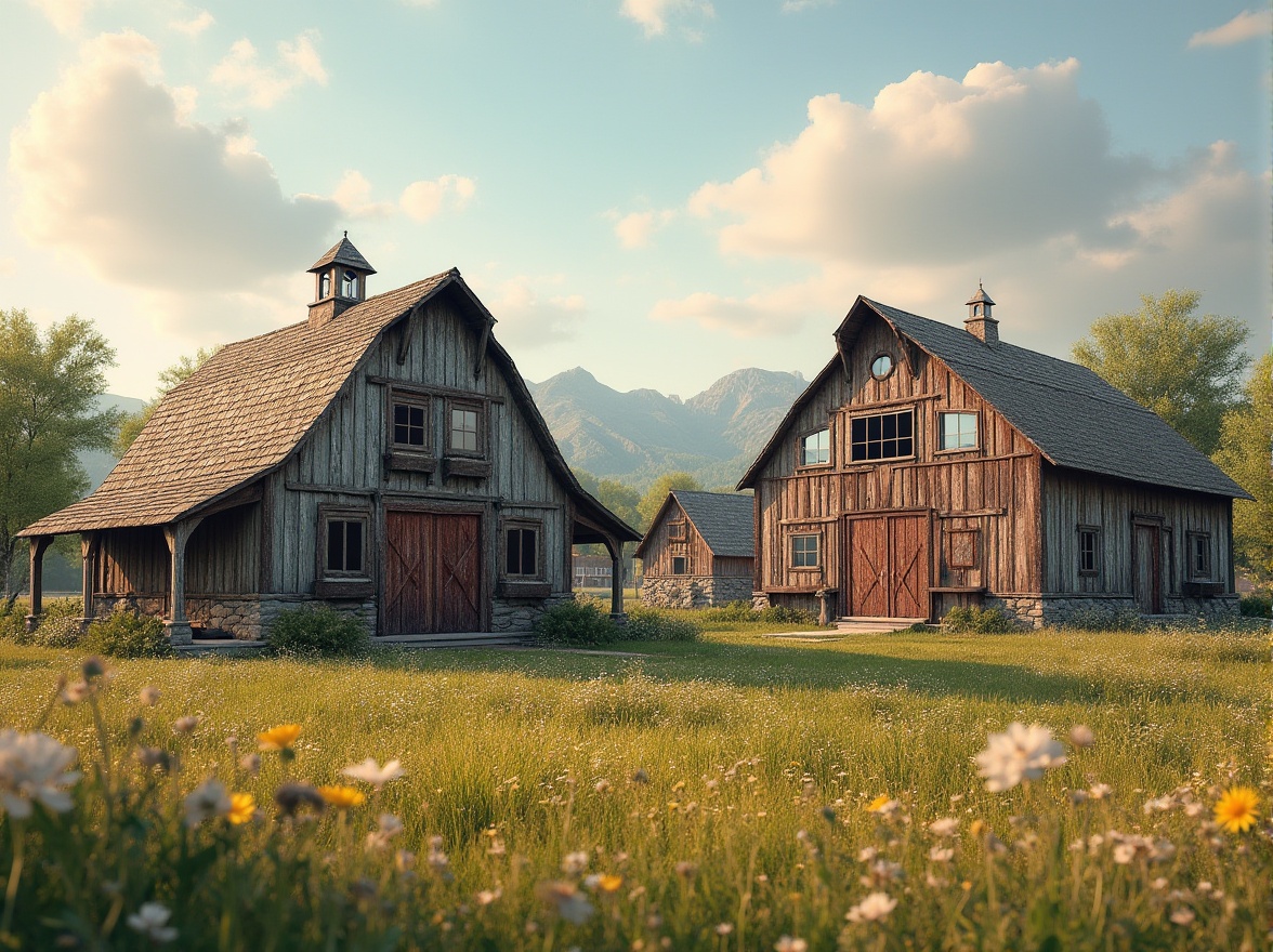 Prompt: Rustic countryside landscape, rural farmland, vintage barns, asymmetrical silhouettes, curved rooflines, angular facades, distressed wood textures, earthy color palette, natural stone foundations, metal accents, oversized windows, rustic wooden doors, wildflower meadows, sunny afternoon, soft warm lighting, shallow depth of field, 1/2 composition, realistic rendering, ambient occlusion.