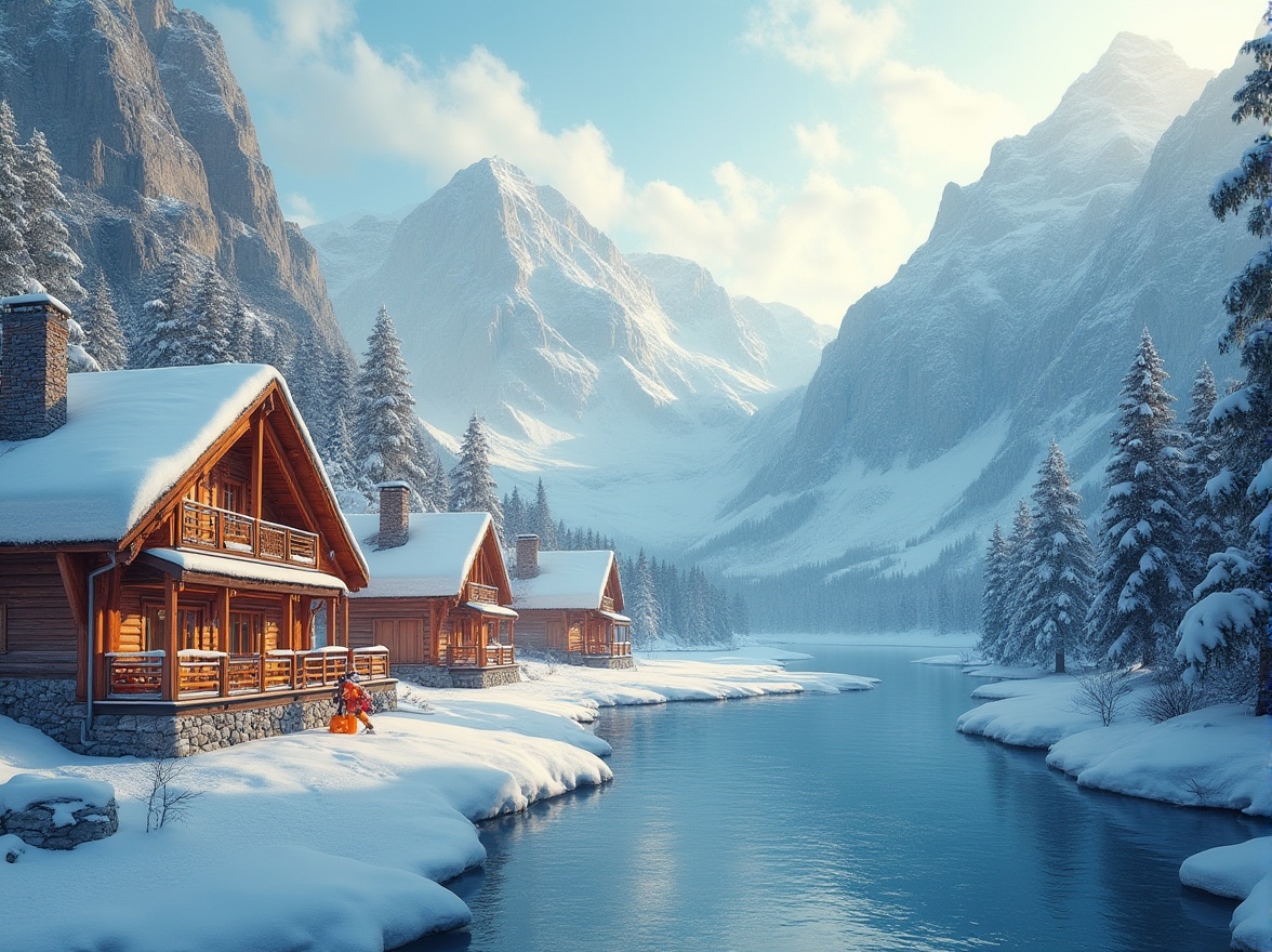 Prompt: Snow-capped mountains, frozen lakes, rustic wooden cabins, ski lifts, snowflakes, icy blues, frosty whites, warm beige tones, rich wood accents, cozy fireplaces, comfortable lodges, vibrant orange safety vests, bright red rescue equipment, misty mornings, soft snowfall, dramatic mountain vistas, panoramic views, atmospheric perspective, warm golden lighting, shallow depth of field, 2/3 composition, realistic textures, ambient occlusion.