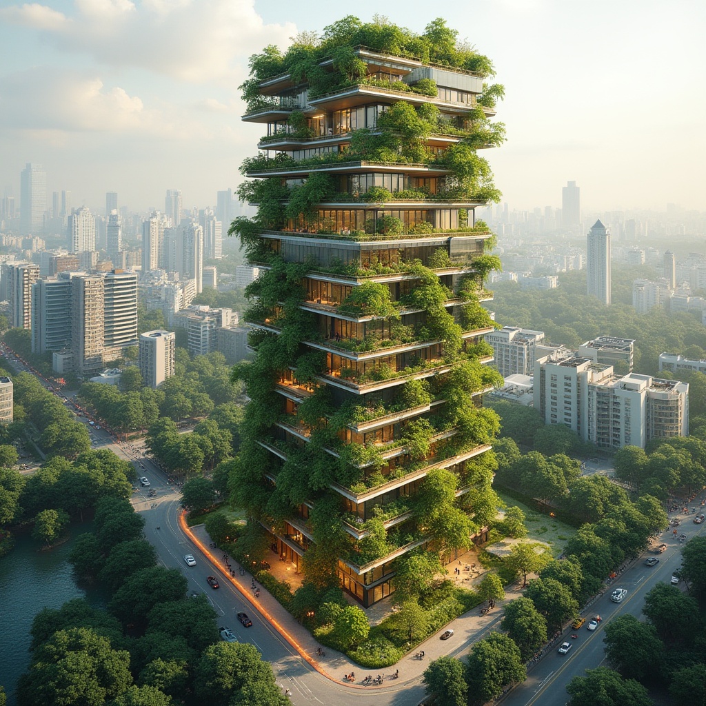 Prompt: Eco-friendly skyscraper, lush green roofs, vertical gardens, solar panels, wind turbines, rainwater harvesting systems, grey water reuse, recycling facilities, composting areas, energy-efficient systems, low-carbon footprint, minimalist design, natural ventilation, abundant daylight, living walls, bamboo flooring, reclaimed wood accents, organic waste management, urban agriculture, community gardening, green transportation hubs, electric vehicle charging stations, pedestrian-friendly streets, cycling infrastructure, public art installations, vibrant street furniture, bustling cityscape, warm sunny day, soft natural lighting, 3/4 composition, panoramic view, realistic textures, ambient occlusion.