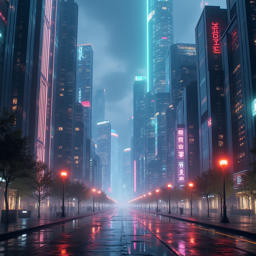 Prompt: Futuristic cityscape, sleek skyscrapers, neon lights, LED installations, dynamic lighting effects, vibrant color schemes, futuristic lamp posts, urban streets, pedestrian walkways, modern architecture, glass facades, metallic surfaces, holographic projections, ambient occlusion, shallow depth of field, 3/4 composition, panoramic view, realistic textures.