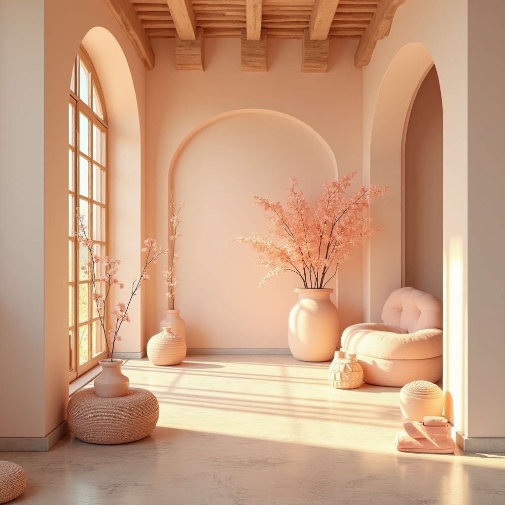 Prompt: Vibrant pastel hues, soft peach tones, creamy whites, rich wood accents, natural linen textures, warm golden lighting, shallow depth of field, 3/4 composition, panoramic view, realistic rendering, ambient occlusion, serene atmosphere, blooming florals, delicate patterns, elegant typography, harmonious color balance.