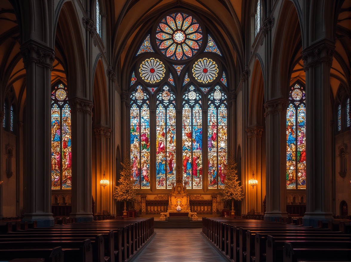 Prompt: Vibrant stained glass windows, intricate Gothic architecture, grand cathedrals, ornate chapels, sacred religious symbols, colorful biblical scenes, majestic vaulted ceilings, delicate stone carvings, warm ambient lighting, soft diffused colors, rich textures, 1/2 composition, symmetrical framing, dramatic shadows, realistic reflections, mystical atmosphere.