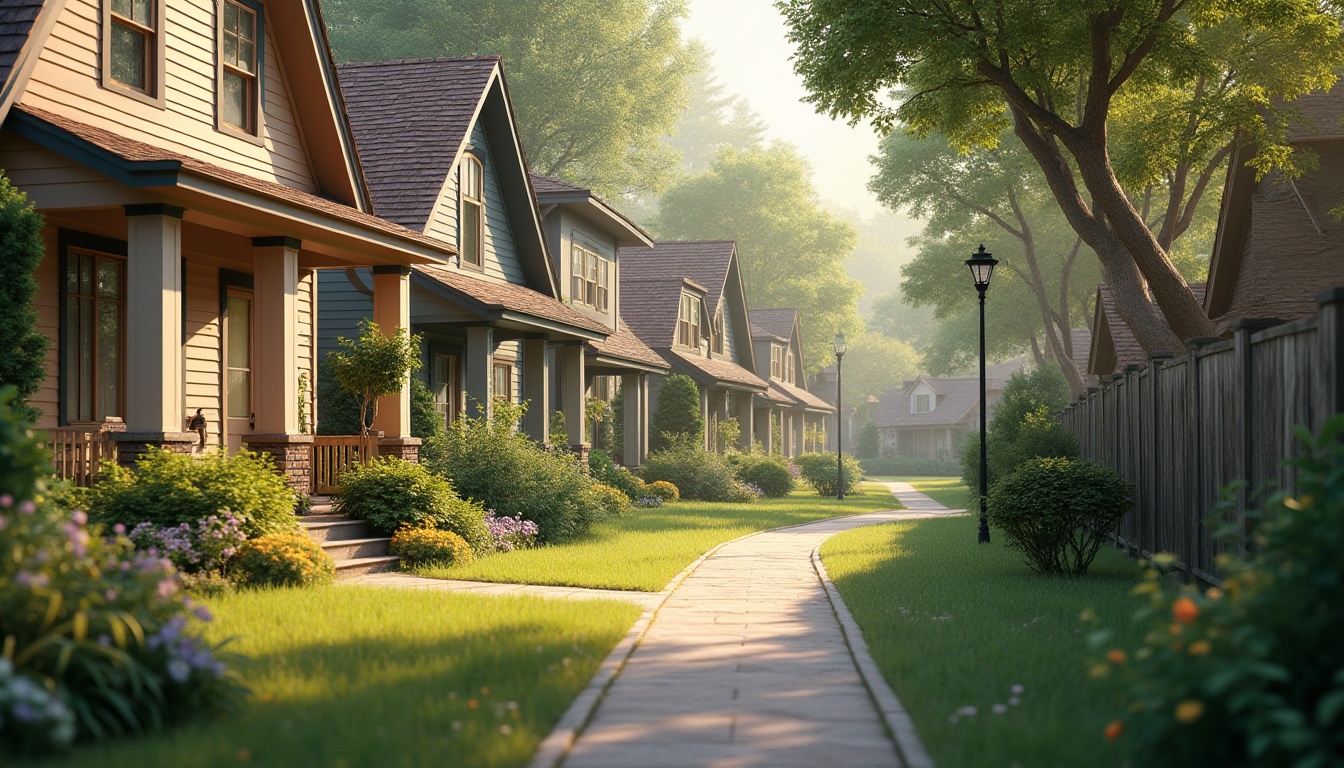 Prompt: Quaint suburban neighborhood, single-family homes, manicured lawns, blooming gardens, pedestrian sidewalks, bike lanes, street lamps, cozy porches, rustic wooden fences, warm inviting exterior lighting, soft focus blur, 1/1 composition, naturalistic color palette, realistic foliage, ambient occlusion.