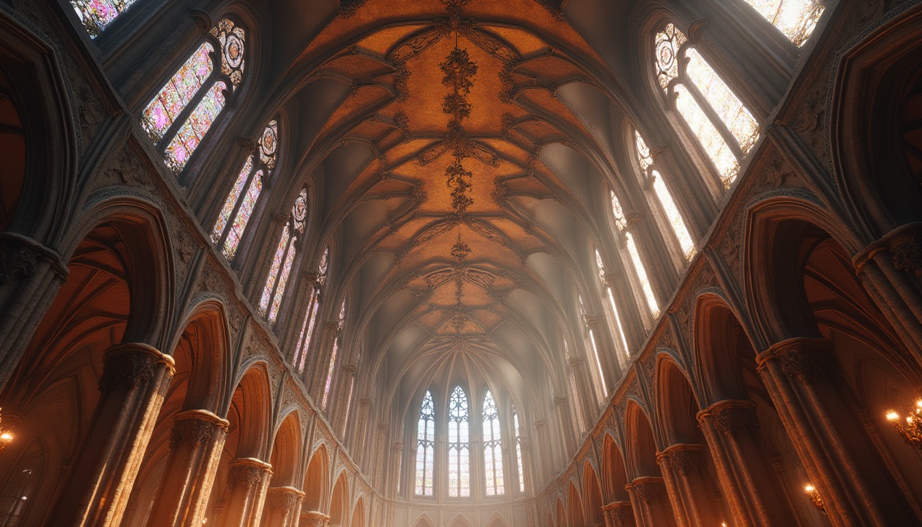 Prompt: Intricate stone carvings, ribbed vaults, pointed arches, flying buttresses, stained glass windows, grandiose cathedrals, ornate pinnacles, majestic spires, delicate tracery, vibrant rose windows, towering ceilings, dramatic verticality, soft warm lighting, misty atmospheric effects, 1/1 composition, low-angle shot, realistic textures, ambient occlusion.