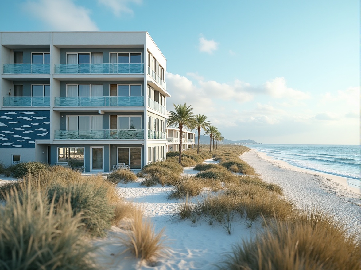 Prompt: Coastal student halls, modern fa\u00e7ade design, ocean-inspired color scheme, wave-patterned exterior walls, large windows with sea views, minimalist balcony railings, weather-resistant materials, beachy vibe, nautical-themed decorations, seaside landscape, sandy dunes, clear blue sky, sunny day, soft warm lighting, shallow depth of field, 3/4 composition, panoramic view, realistic textures, ambient occlusion.