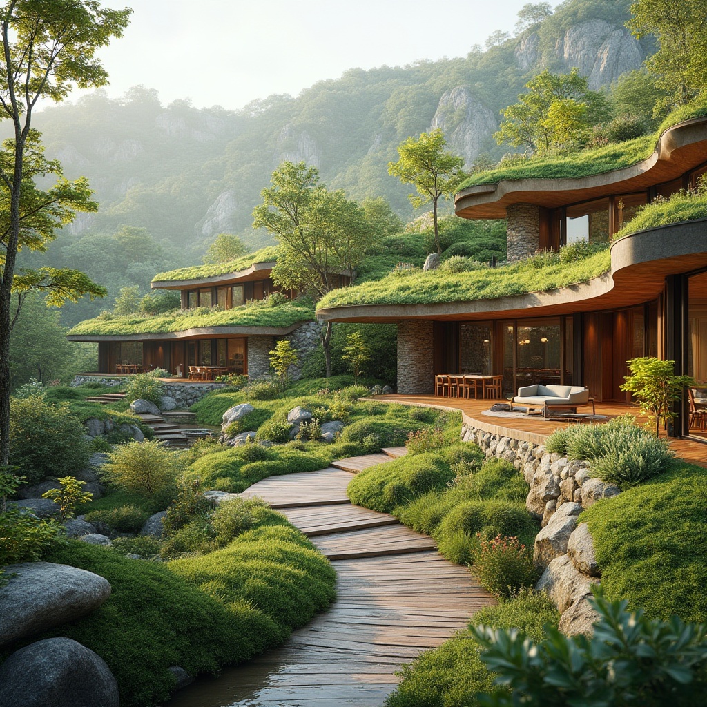 Prompt: Harmonious landscape integration, lush green roofs, native plant species, natural stone walls, curved building lines, organic architecture, earthy color palette, seamless transitions, outdoor living spaces, wooden decks, water features, serene ambiance, warm sunny day, soft natural lighting, shallow depth of field, 3/4 composition, panoramic view, realistic textures, ambient occlusion.