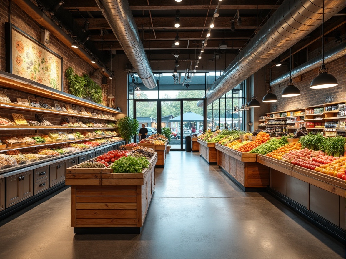 Prompt: Vibrant grocery store interior, polished stainless steel shelves, wooden crates, fresh produce stands, modern pendant lighting, exposed ductwork, industrial-style flooring, concrete walls, large glass windows, sliding glass doors, natural stone accents, decorative metal screens, rustic wood beams, open ceiling design, soft warm ambiance, shallow depth of field, 1/2 composition, realistic textures, ambient occlusion.