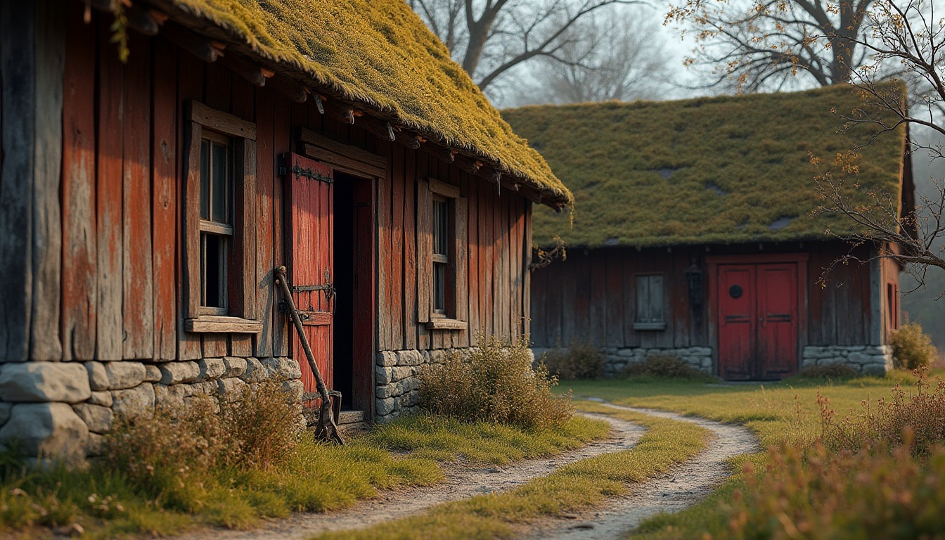 Prompt: Rustic barn, weathered wooden planks, distressed textures, earthy tones, moss-covered roofs, vintage farm tools, overgrown wildflowers, natural stone foundations, faded red doors, worn metal hinges, soft warm lighting, shallow depth of field, 1/1 composition, realistic wood grain, ambient occlusion.