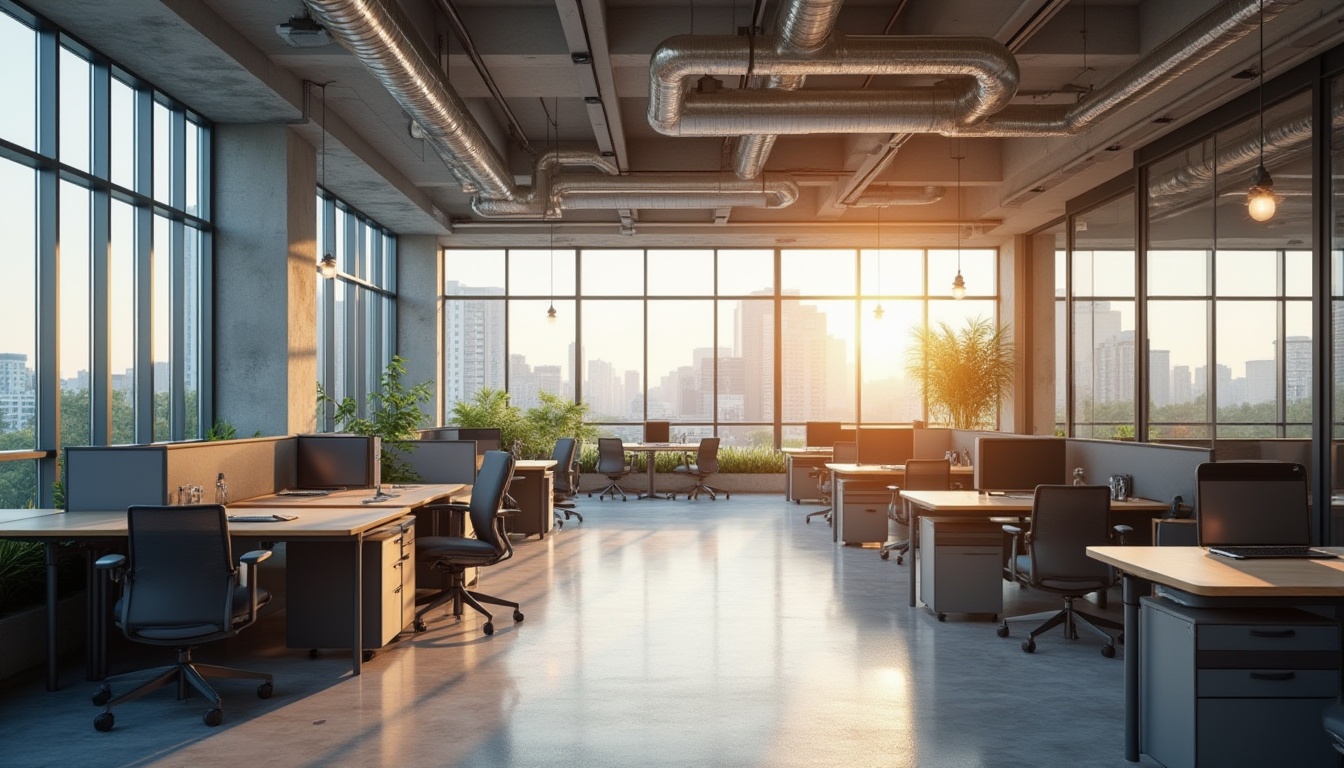 Prompt: Functional office space, minimalist decor, ergonomic furniture, collaborative workstations, private cubicles, acoustic panels, natural light filtering, modern industrial architecture, exposed ductwork, polished concrete floors, sleek metal accents, urban cityscape views, morning sunlight, soft warm glow, shallow depth of field, 1/2 composition, realistic textures, ambient occlusion.