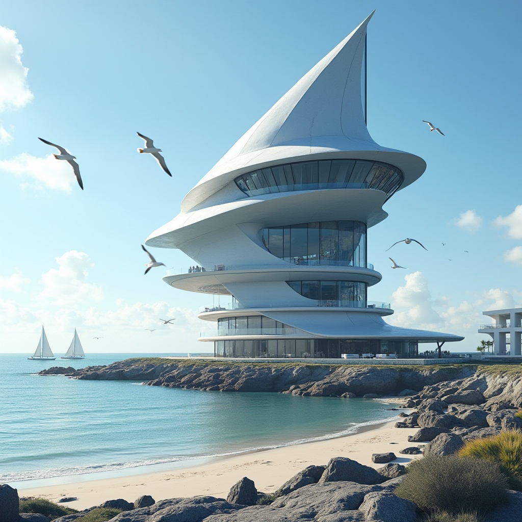 Prompt: Futuristic watchtower, sleek metal structure, angular lines, reflective glass surfaces, modern minimalist design, waterfront location, ocean views, sandy beach, rocky shoreline, sunny day, clear blue sky, seagulls flying, sailboats sailing, luxurious amenities, rooftop pool, outdoor lounge areas, floor-to-ceiling windows, panoramic views, shallow depth of field, 3/4 composition, realistic textures, ambient occlusion.