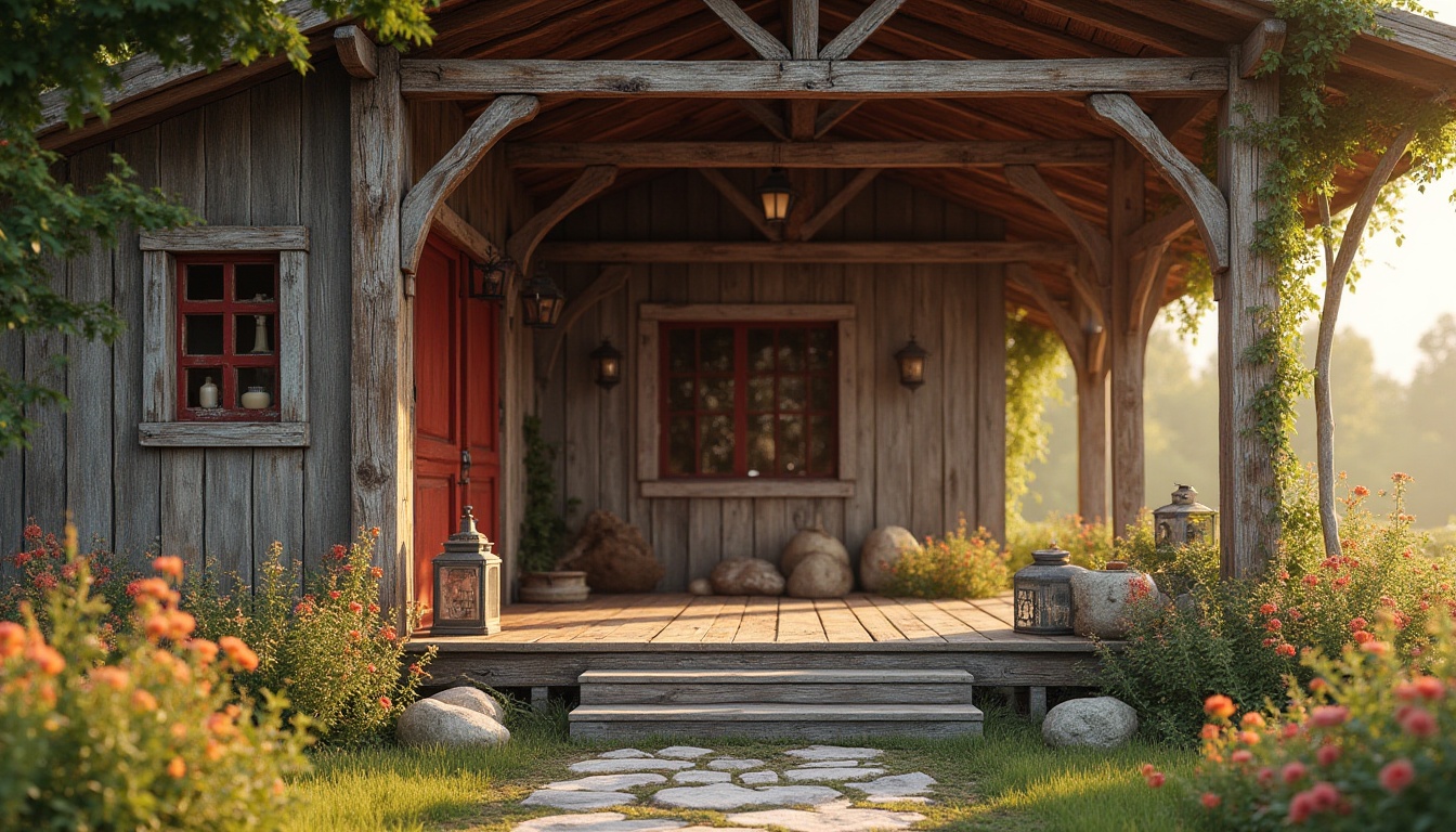 Prompt: Rustic barn, weathered wooden planks, earthy tones, muted browns, faded reds, warm beige, soft creams, natural textures, distressed finishes, vintage metal accents, rustic lighting fixtures, lantern-style lamps, worn stone pathways, overgrown wildflowers, sunny afternoon, soft warm glow, shallow depth of field, 2/3 composition, realistic renderings, ambient occlusion.