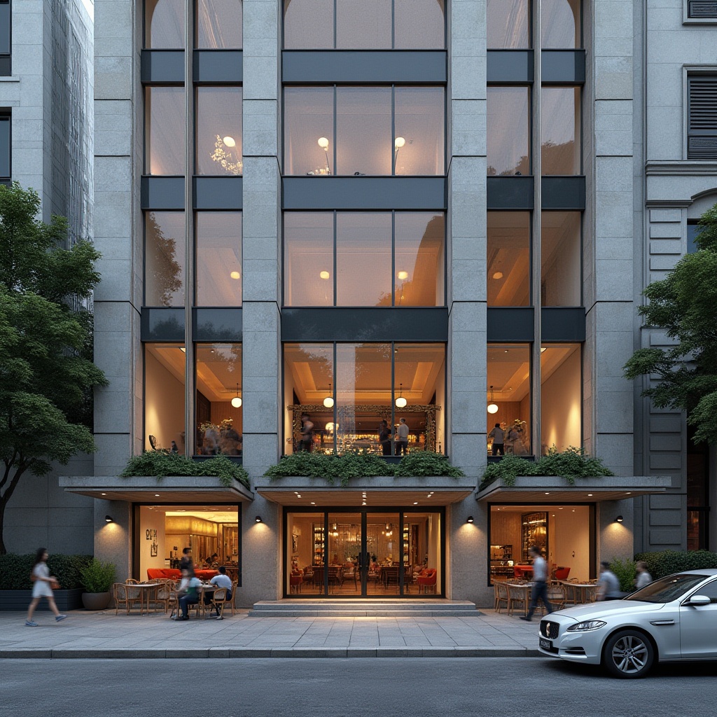 Prompt: Elegant building facade, ornate details, neutral color palette, textured stone cladding, large glass windows, minimalist metal frames, subtle LED lighting, soft warm illumination, 1/1 composition, shallow depth of field, realistic materials, ambient occlusion, urban cityscape, bustling streets, modern skyscrapers, trendy cafes, vibrant street art.