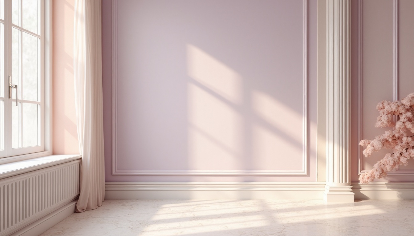 Prompt: Pastel lilac walls, soft peach accents, creamy white trimmings, warm beige floors, gentle lavender undertones, subtle silver metallic highlights, delicate floral patterns, whimsical watercolor textures, dreamy ethereal atmosphere, romantic afternoon lighting, shallow depth of field, 1/1 composition, intimate close-up shots, realistic fabric rendering.