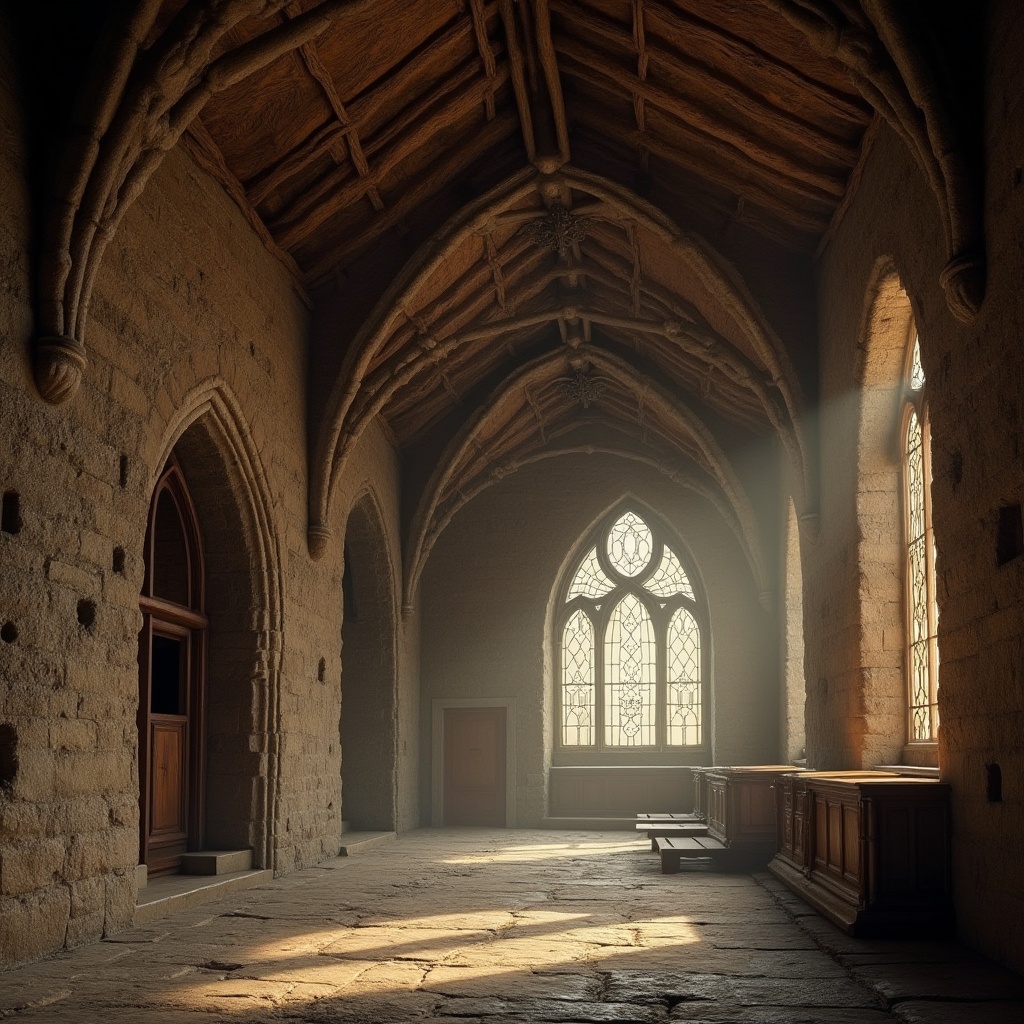 Prompt: Rustic monastery complex, stone walls, Gothic arches, stained glass windows, vaulted ceilings, intricate carvings, regional cultural heritage, traditional craftsmanship, earthy color palette, natural stone floors, wooden accents, dim warm lighting, atmospheric fog, mystical ambiance, 1/1 composition, symmetrical framing, high contrast, rich textures, ambient occlusion.