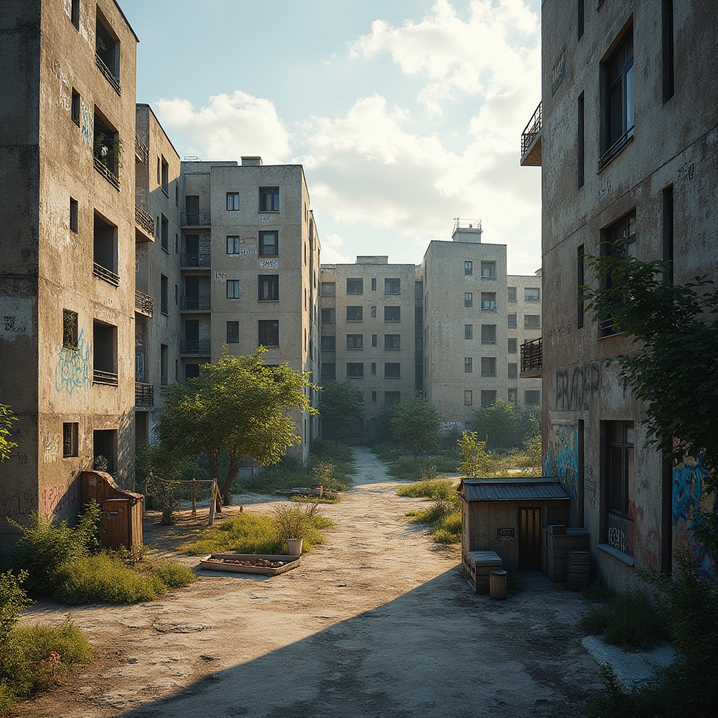 Prompt: Rugged social housing, brutalist architecture, raw concrete fa\u00e7ade, angular balconies, industrial materials, vibrant street art, urban landscape, gritty cityscape, afternoon sunlight, deep shadows, dramatic contrast, 3/4 composition, symmetrical framing, bold typography, textured walls, rough-hewn wood accents, corrugated metal cladding, functionalist design principles, communal outdoor spaces, playground equipment, community gardens, public murals, eclectic furniture, colorful graffiti.