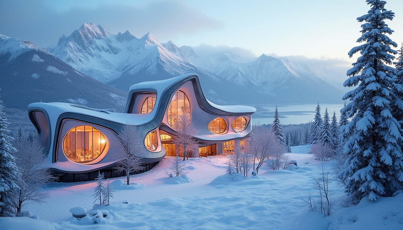 Prompt: Vibrant ski resort, snow-capped mountains, frosty windows, bold angular facades, asymmetrical compositions, dynamic LED lighting, iridescent glass panels, metallic mesh screens, parametric design elements, futuristic curvatures, avant-garde architecture, expressionist art influences, abstract patterns, kinetic sculptures, wind-swept rooflines, frozen lake views, snowy pine trees, crisp cold air, high-contrast dramatic lighting, 1/1 composition, cinematic depth of field.