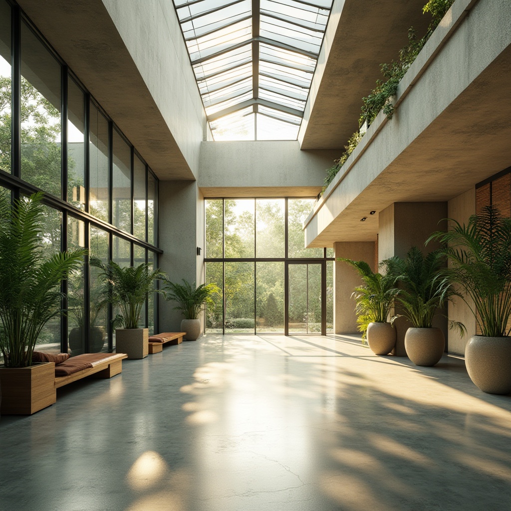 Prompt: Minimalist interior, large windows, clerestory roofs, skylights, open floor plans, reflective surfaces, polished concrete floors, industrial chic aesthetic, abundant natural light, warm sunny days, soft diffused lighting, shallow depth of field, 1/2 composition, panoramic view, realistic textures, ambient occlusion, green walls, living plants, earthy tones, organic materials, sustainable architecture, eco-friendly design, energy-efficient systems.