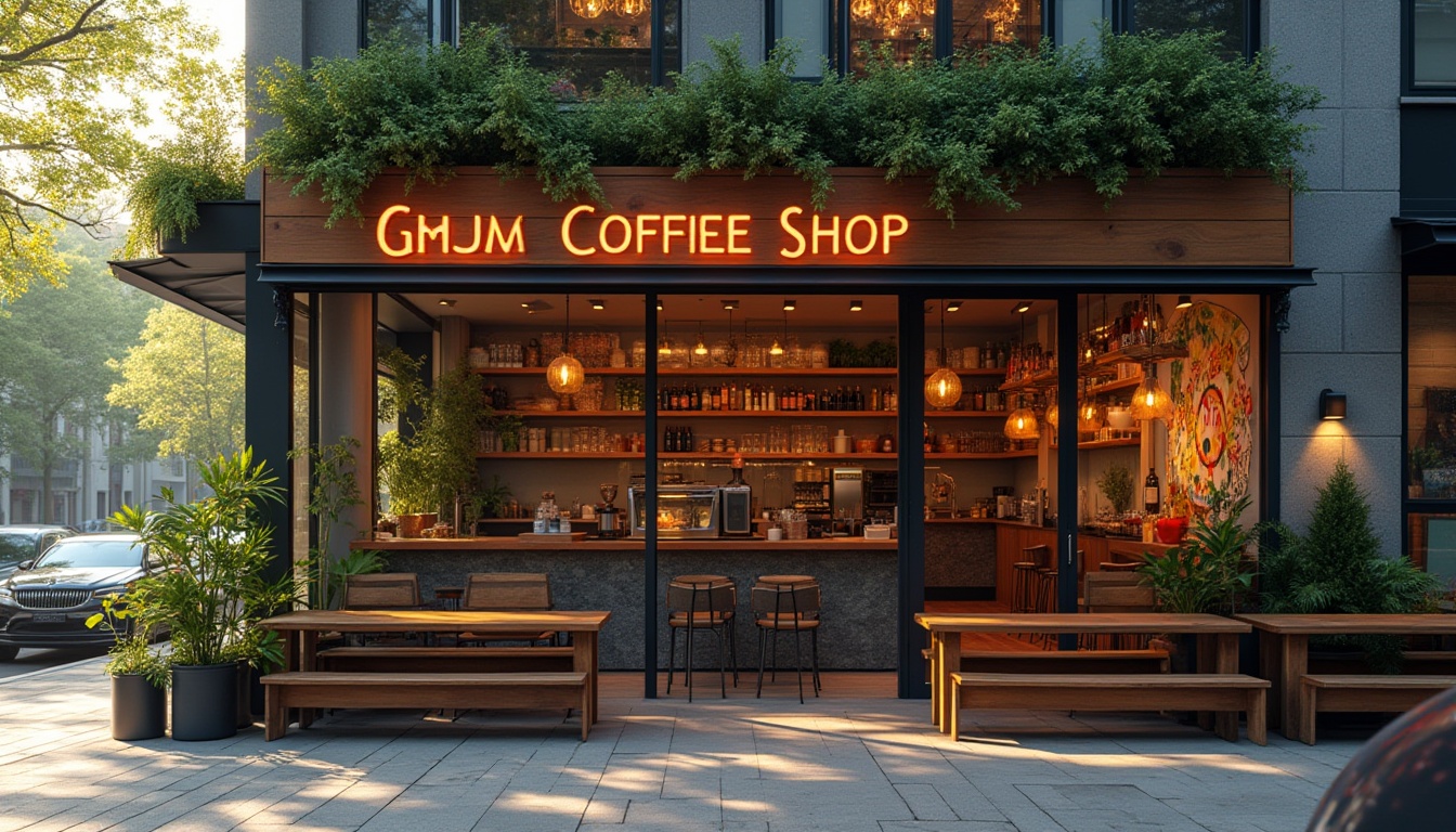 Prompt: Vibrant coffee shop facade, modern minimalist architecture, large glass windows, wooden accents, industrial metal frames, urban cityscape, busy street scene, morning sunlight, soft warm lighting, shallow depth of field, 3/4 composition, realistic textures, ambient occlusion, natural stone walls, reclaimed wood panels, living green walls, vertical gardens, coffee-inspired patterns, abstract geometric shapes, bold colorful branding, neon signage, cozy outdoor seating areas, rustic wooden benches, potted plants, bustling atmosphere.