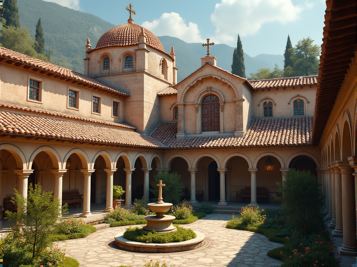 Prompt: Majestic monastery rooftops, rustic terracotta tiles, curved Mediterranean arches, ornate stone carvings, intricate mosaic patterns, golden crosses, weathered wooden beams, aged copper accents, lush greenery, blooming flowers, serene courtyard, peaceful cloisters, soft warm lighting, high contrast shadows, 1/1 composition, symmetrical framing, realistic textures, ambient occlusion.