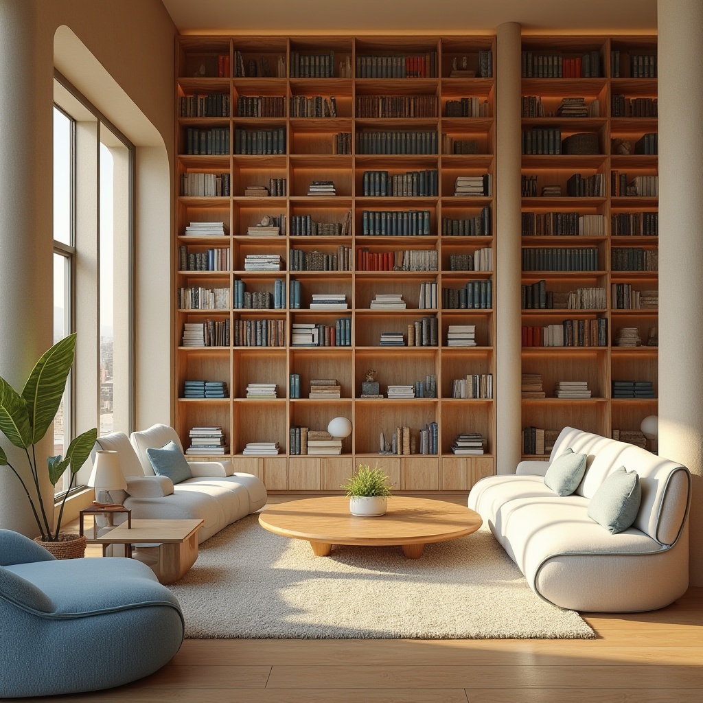 Prompt: Vibrant bookshelves, rich wood tones, warm beige walls, soft cream-colored furniture, earthy brown floors, calm blue accents, natural stone columns, elegant reading lamps, comfortable plush carpets, modern minimalist architecture, abundant natural light, airy open spaces, 1/1 composition, harmonious color balance, realistic textures, subtle ambient occlusion.