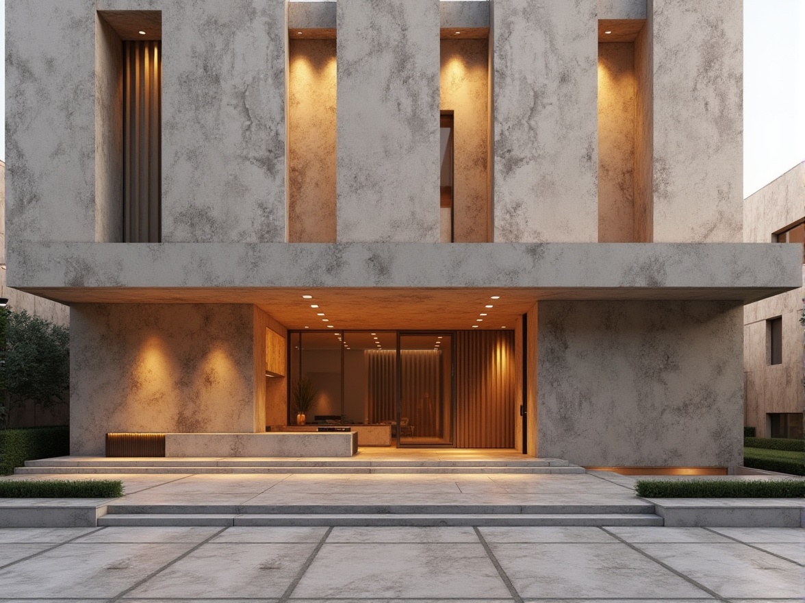 Prompt: Granite building facade, coarse grain texture, earthy tone color palette, natural stone cladding, modern minimalist architecture, sleek lines, rectangular shapes, polished surfaces, subtle reflections, warm ambient lighting, shallow depth of field, 1/1 composition, realistic rendering, detailed normal maps.