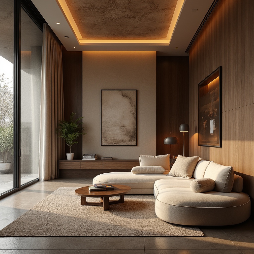 Prompt: Elegant living room, soft warm lighting, plush furniture, rich wood accents, luxurious carpets, floor-to-ceiling windows, modern minimalist decor, abstract artwork, natural stone walls, cozy reading nook, comfortable seating area, intricate ceiling design, ambient shadows, 1/1 composition, shallow depth of field, realistic textures, subtle color palette.