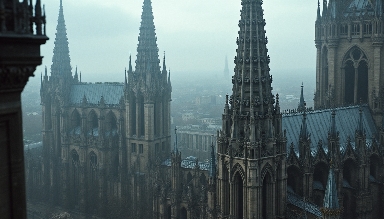 Prompt: Intricate Gothic spires, grandiose cathedrals, ribbed vaults, ornate tracery, pointed arches, flying buttresses, steel framework, modern materials, sleek lines, minimalist ornamentation, industrial aesthetic, urban landscapes, overcast skies, dramatic lighting, high contrast ratio, 1/2 composition, symmetrical framing, cinematic mood, realistic reflections.