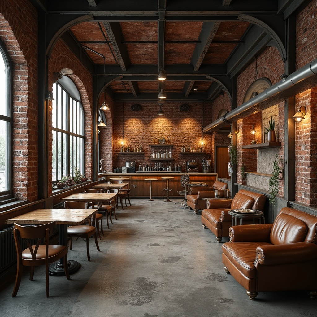 Prompt: Rustic industrial setting, exposed brick walls, metallic accents, reclaimed wood furniture, durable concrete floors, weathered steel beams, distressed leather upholstery, vintage machinery parts, earthy color palette, warm ambient lighting, shallow depth of field, 1/1 composition, realistic textures, subtle wear and tear effects.