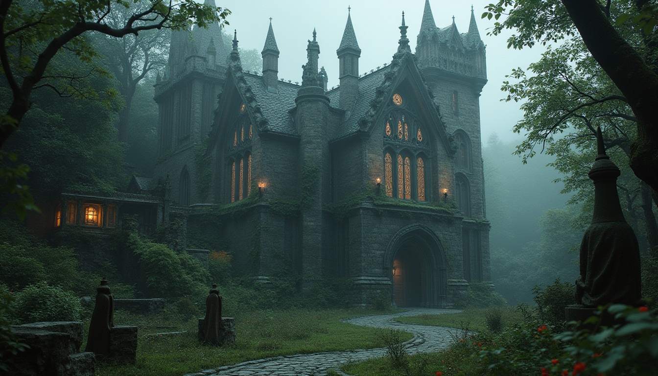 Prompt: Mysterious medieval castle, lush overgrown gardens, crumbling stone walls, ivy-covered towers, grand hall windows, stained glass ceilings, intricate carvings, ornate gargoyles, mystical foggy atmosphere, soft diffused lighting, dramatic shadows, eerie ambient sounds, dense forest surroundings, winding misty paths, ancient trees, moss-covered statues, weathered stone benches, Gothic arches, ribbed vaults, flying buttresses, pointed steeples, rich tapestries, luxurious velvet drapes.