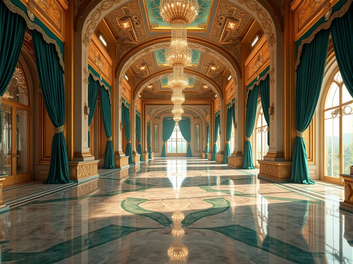 Prompt: Luminous pavilion, ornate Art Deco patterns, lavish golden accents, luxurious velvet drapes, polished marble floors, intricate geometric motifs, rich wooden paneling, opulent crystal chandeliers, sleek metallic lines, vibrant turquoise hues, sophisticated ambiance, soft warm lighting, shallow depth of field, 1/1 composition, panoramic view, realistic textures, ambient occlusion.