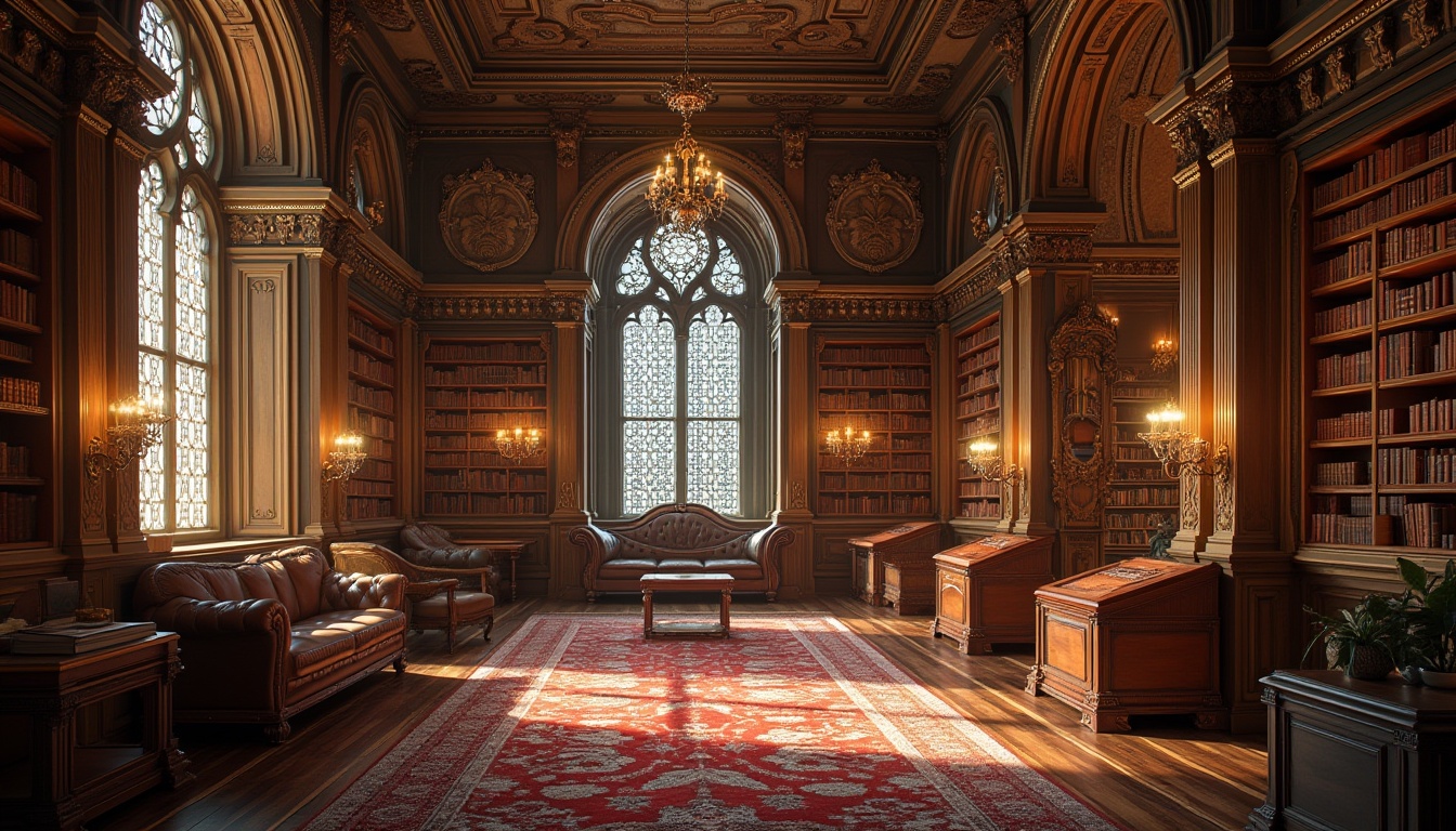 Prompt: Opulent library interior, grandiose architecture, ornate detailing, intricately carved wood, lavish furnishings, majestic chandeliers, stately columns, arched windows, vaulted ceilings, richly patterned rugs, leather-bound books, warm golden lighting, soft focus, shallow depth of field, 1/2 composition, dramatic shadows, realistic textures, ambient occlusion.