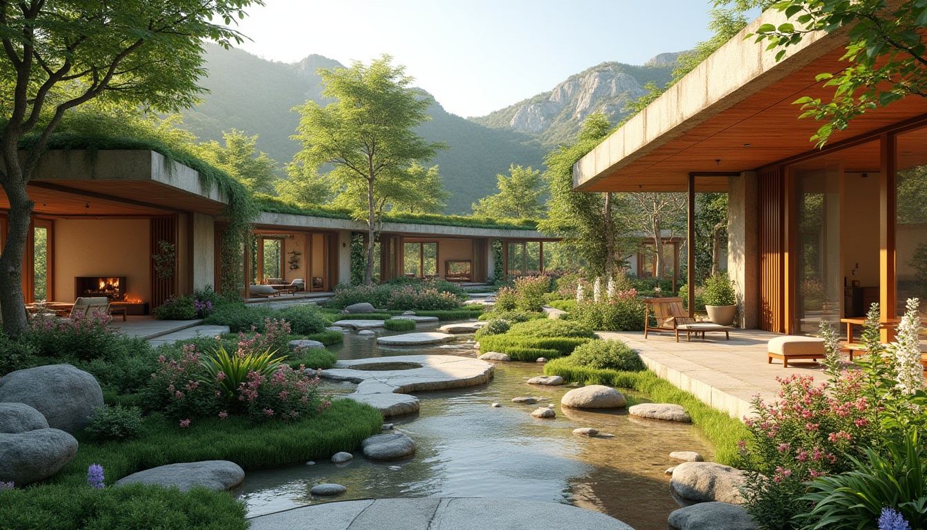 Prompt: Harmonious landscape integration, lush green roofs, native plant species, meandering walkways, natural stone walls, curved building lines, earthy color palette, organic architecture forms, seamless indoor-outdoor transitions, floor-to-ceiling windows, sliding glass doors, cantilevered overhangs, shaded outdoor spaces, solar screens, trellis structures, vibrant flower arrangements, serene water features, soft misting systems, 1/1 composition, symmetrical balance, warm natural lighting, realistic textures, ambient occlusion.