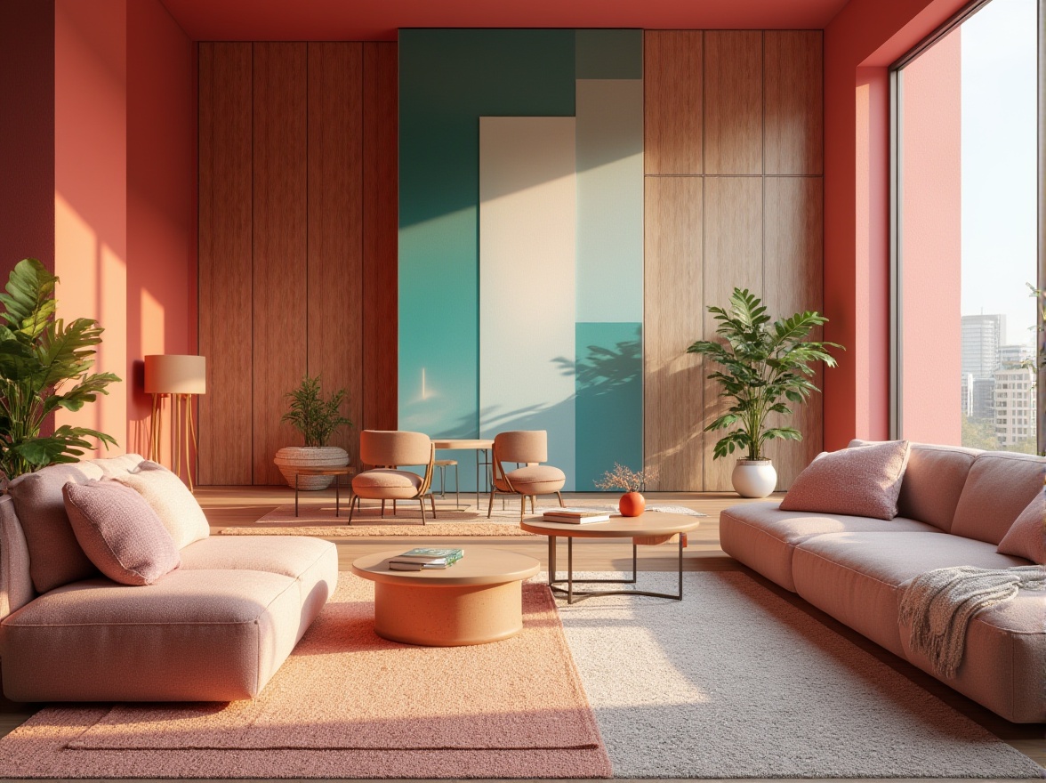 Prompt: Vibrant modern design studio, sleek minimalistic interior, bold bright colors, pastel hues, rich textures, metallic accents, natural wood tones, urban cityscape backdrop, warm soft lighting, shallow depth of field, 1/1 composition, realistic reflections, ambient occlusion.