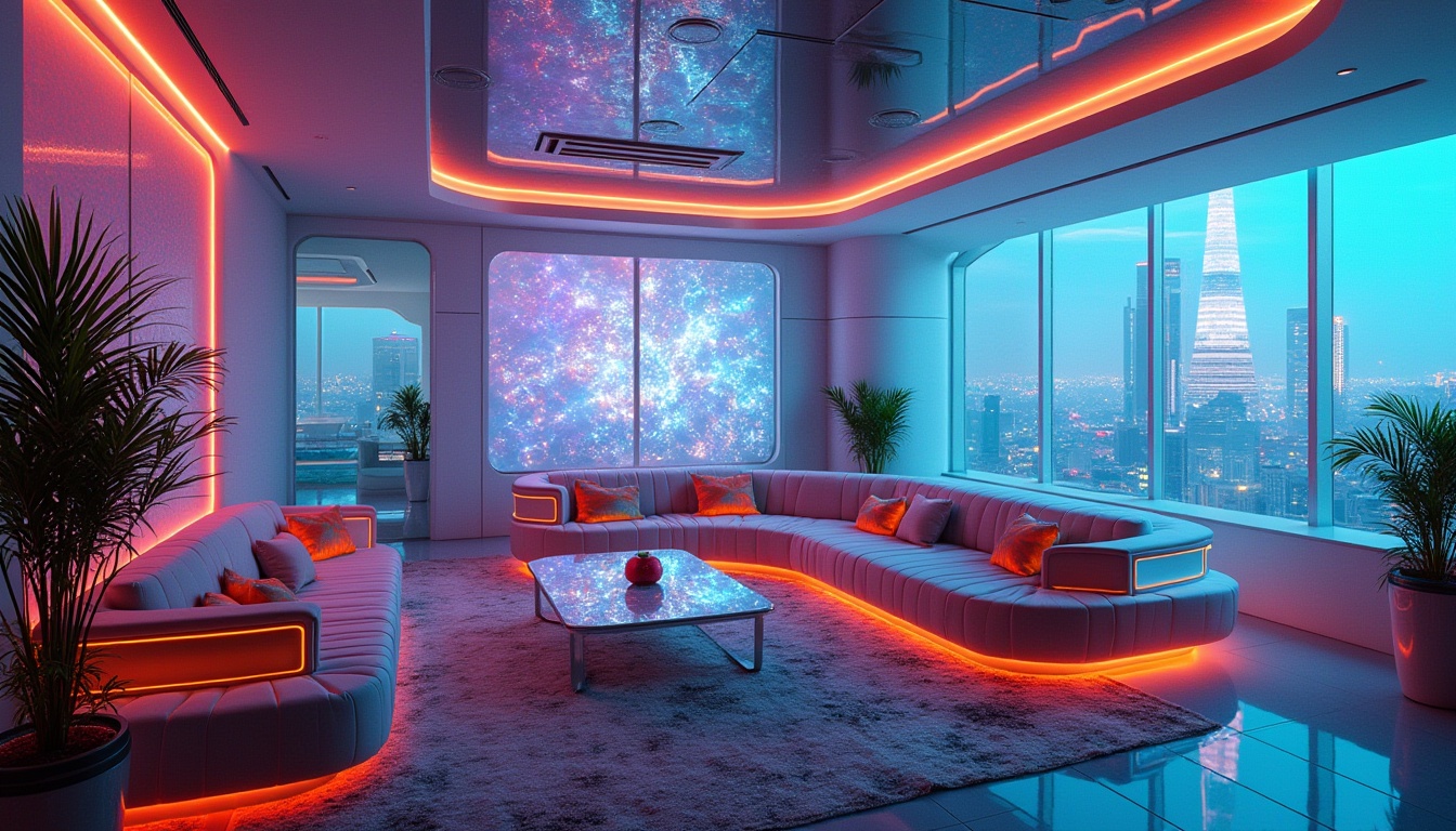 Prompt: Futuristic interior space, sleek metallic walls, neon-lit ambiance, holographic projections, minimalist furniture, vibrant colorful textiles, intricate geometric patterns, shimmering fabrics, iridescent accents, luxurious velvet couches, chrome-plated coffee tables, ambient LED lighting, 3D-printed decorative elements, virtual reality interfaces, augmented reality displays, futuristic gadgets, high-tech appliances, panoramic city views, bustling metropolis outside, soft gradient backgrounds, cinematic depth of field, realistic reflections, ambient occlusion.