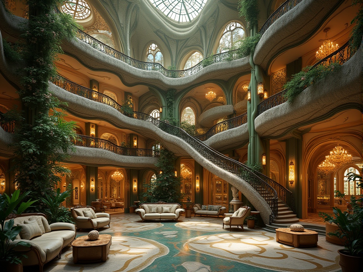 Prompt: Intricate Art Nouveau building, organic curves, flowing lines, ornate decorations, textured stonework, glazed tiles, iridescent glass, sinuous metal railings, grand entranceways, opulent chandeliers, lavish furnishings, verdant green walls, blooming floral patterns, warm golden lighting, shallow depth of field, 1/2 composition, realistic textures, ambient occlusion.