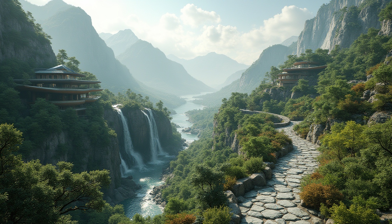 Prompt: Serene mountain ranges, lush forests, sparkling waterfalls, winding stone pathways, natural rock formations, earthy tones, organic architecture, curved lines, eco-friendly materials, sustainable design solutions, green roofs, solar panels, wind turbines, misting systems, soft warm lighting, shallow depth of field, 3/4 composition, panoramic view, realistic textures, ambient occlusion.