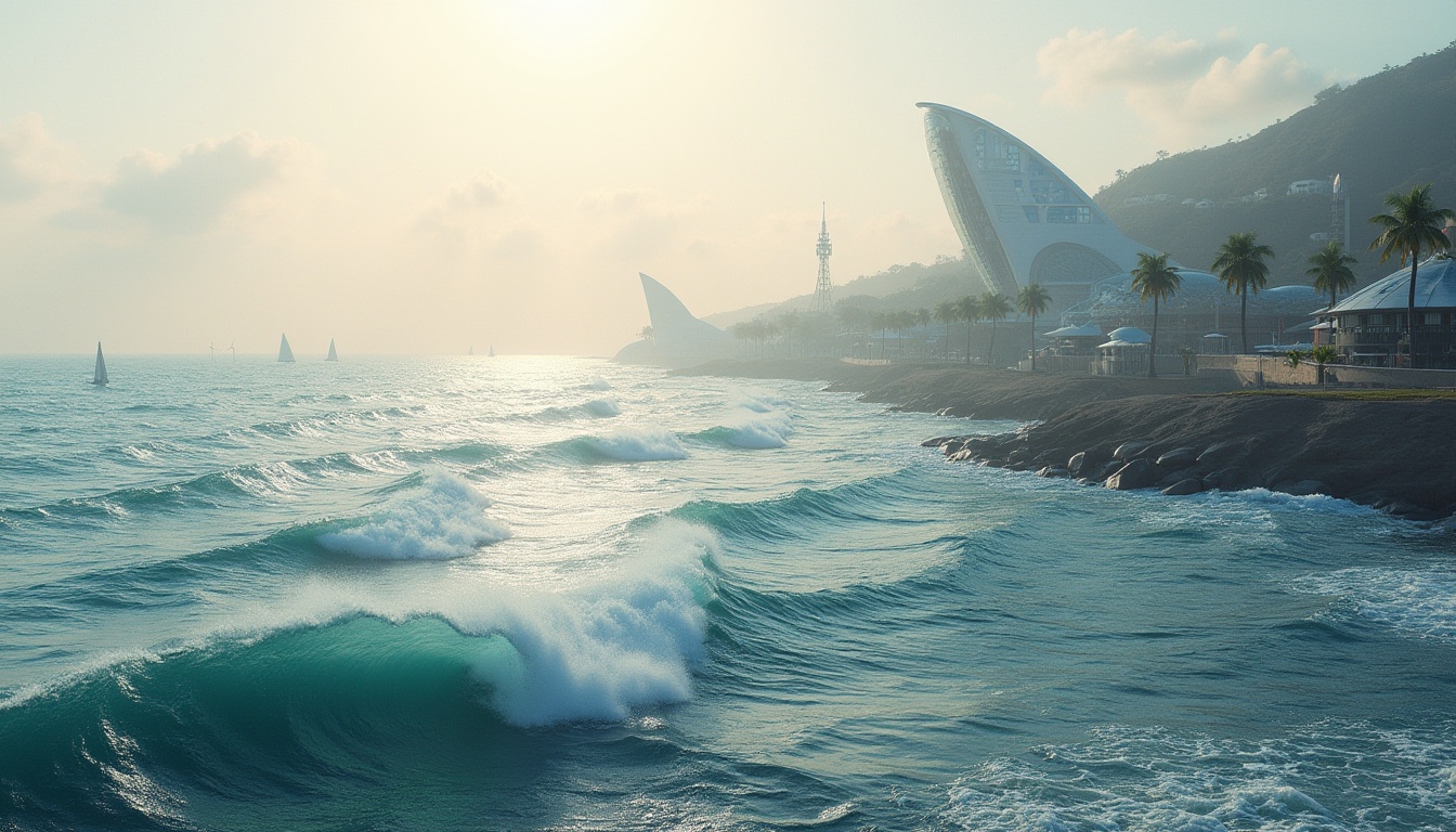 Prompt: Undulating waves, curvaceous lines, flowing water, oceanic scenery, sailboats, lighthouses, sandy shores, misty atmosphere, soft warm lighting, shallow depth of field, 3/4 composition, panoramic view, realistic textures, ambient occlusion, futuristic architecture, sleek metal buildings, reflective glass surfaces, angular lines, minimalist design, sustainable energy solutions, solar panels, wind turbines, water conservation systems, green roofs, eco-friendly materials, innovative cooling technologies.