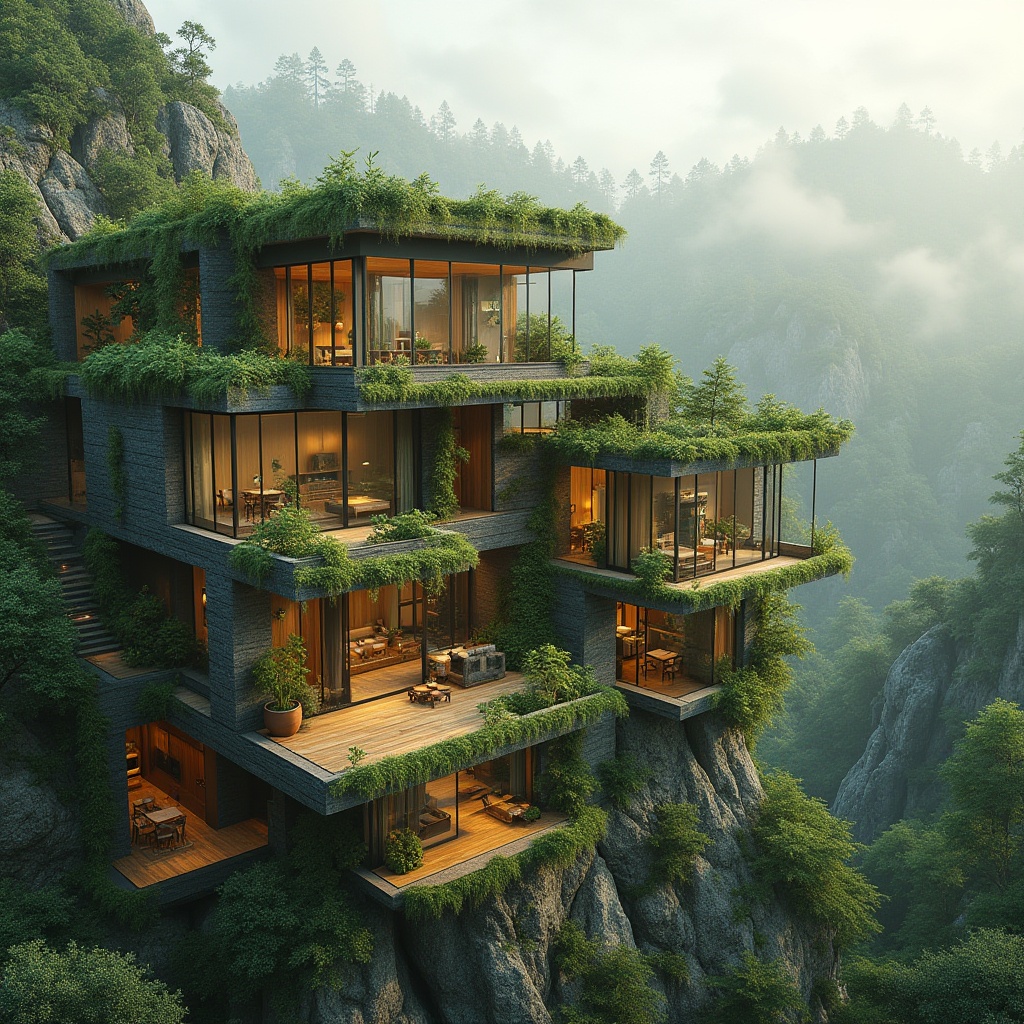 Prompt: Sustainable eco-friendly buildings, lush green roofs, vertical gardens, natural stone walls, reclaimed wood accents, floor-to-ceiling windows, panoramic views, seamless integration with surroundings, serene forest backdrop, misty morning atmosphere, warm soft lighting, shallow depth of field, 3/4 composition, realistic textures, ambient occlusion.