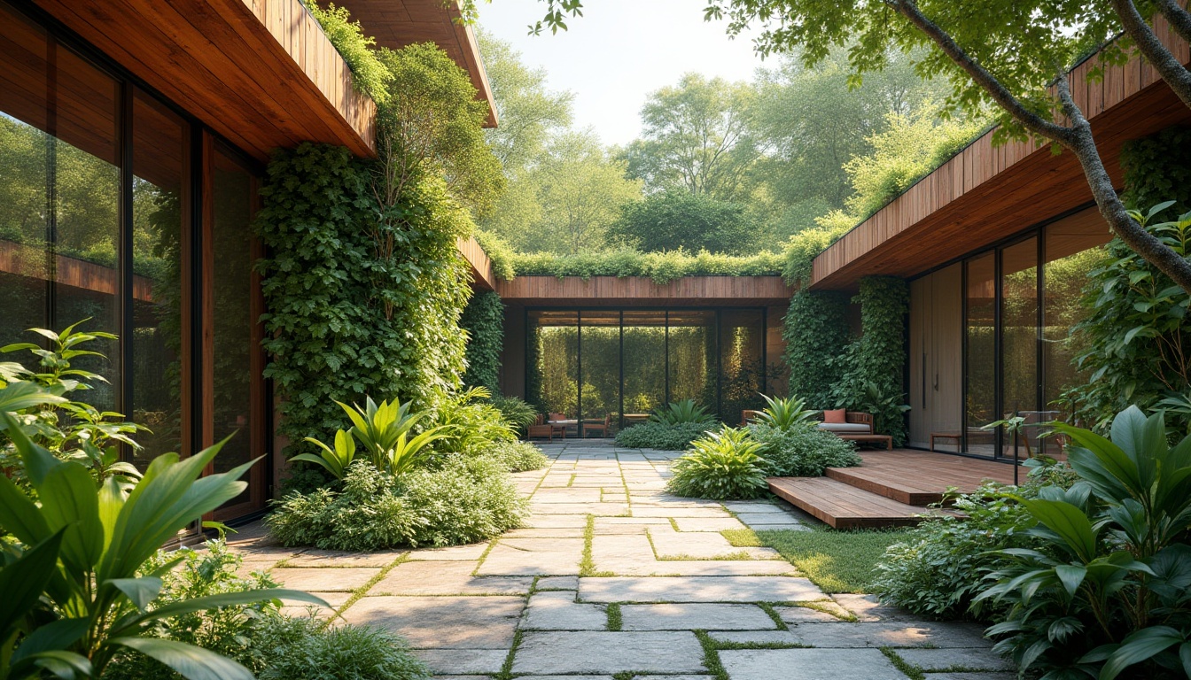 Prompt: Vibrant botanical garden, lush green walls, living roofs, natural stone flooring, reclaimed wood accents, floor-to-ceiling windows, sliding glass doors, outdoor seating areas, cantilevered roof structures, organic curves, earthy color palette, warm lighting, shallow depth of field, 1/1 composition, panoramic view, realistic textures, ambient occlusion.