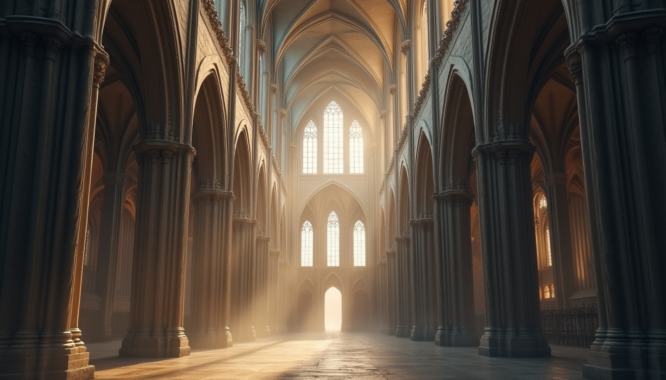 Prompt: Ethereal cathedral, soaring vertical lines, ribbed vaults, pointed arches, grandiose scale, ornate stone carvings, stained glass windows, intricate tracery, dramatic lighting effects, mystical ambiance, atmospheric mist, subtle fog, soft warm glow, shallow depth of field, 1/1 composition, symmetrical framing, realistic textures, ambient occlusion.