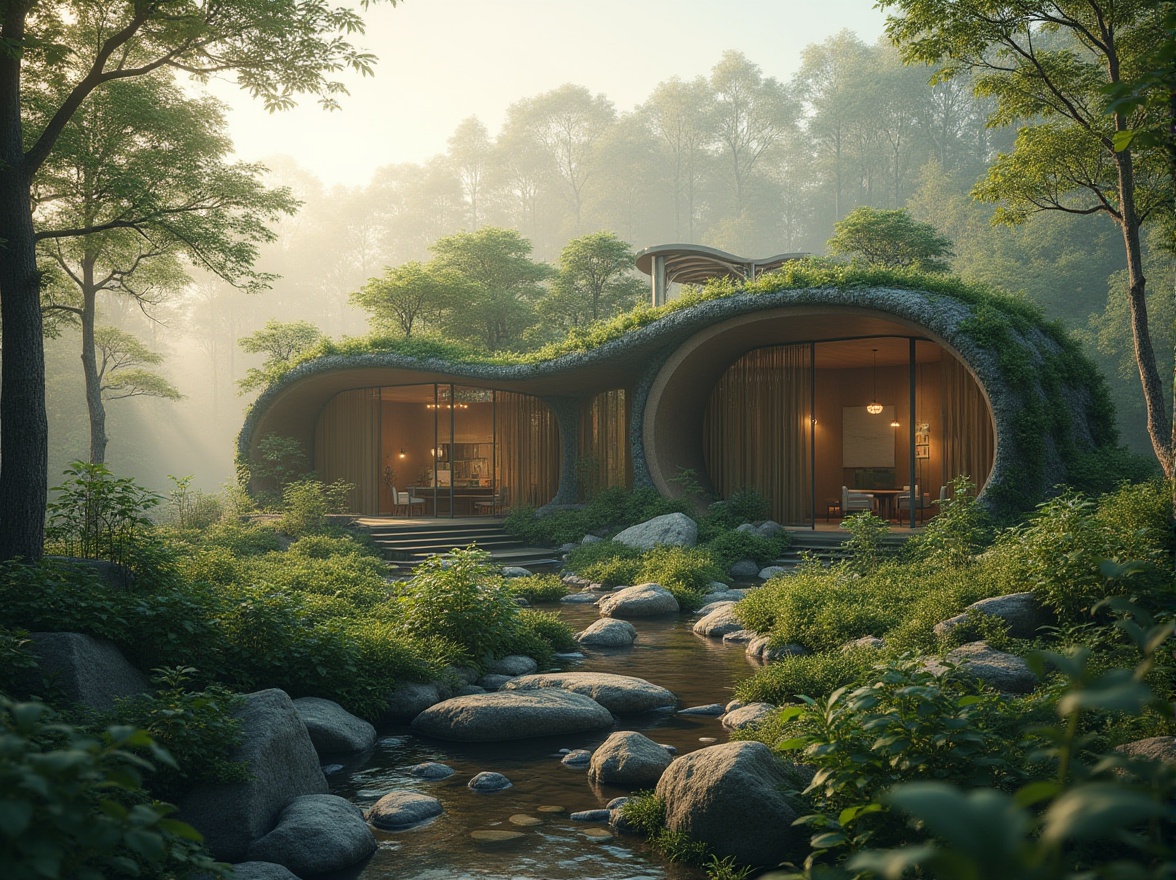 Prompt: Seamless natural integration, organic curves, living walls, green roofs, solar panels, rainwater harvesting systems, recycled materials, eco-friendly architecture, minimal carbon footprint, serene forest surroundings, misty morning atmosphere, soft warm lighting, shallow depth of field, 3/4 composition, panoramic view, realistic textures, ambient occlusion.