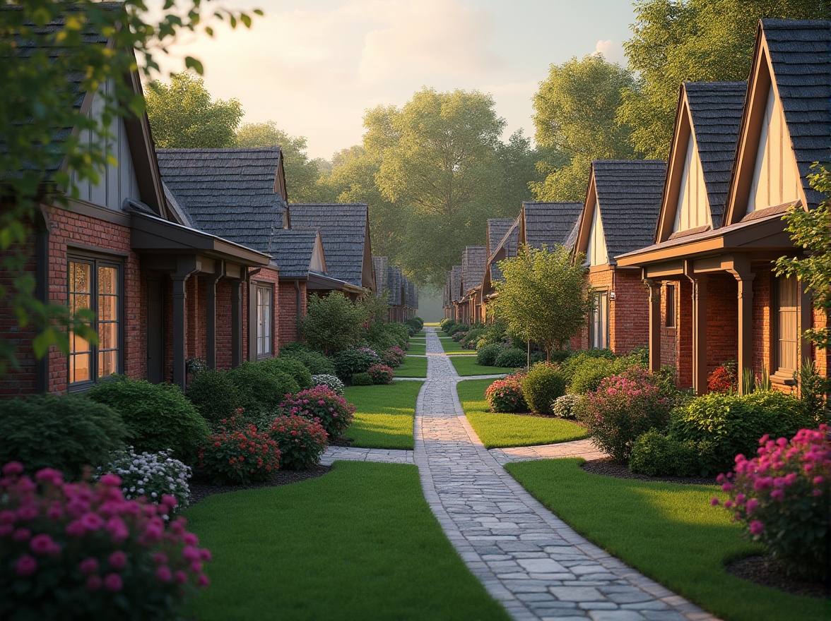 Prompt: Suburban neighborhood, cozy residential streets, single-family homes, pitched roofs, brick facades, manicured lawns, blooming gardens, mature trees, quiet evening atmosphere, warm soft lighting, 1/1 composition, realistic textures, ambient occlusion, natural stone pathways, wooden fences, family-friendly playgrounds, community parks, serene lakeside views, gentle water features, peaceful ambiance.