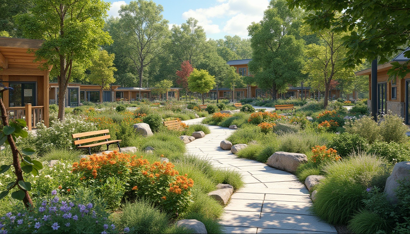 Prompt: Vibrant community garden, diverse plant species, winding pathways, natural stone seating areas, wooden benches, educational signage, interactive children's play zones, accessible wheelchair ramps, inclusive public art installations, seasonal flower blooms, sunny afternoon lighting, soft shadows, 3/4 composition, panoramic views, realistic textures, ambient occlusion.