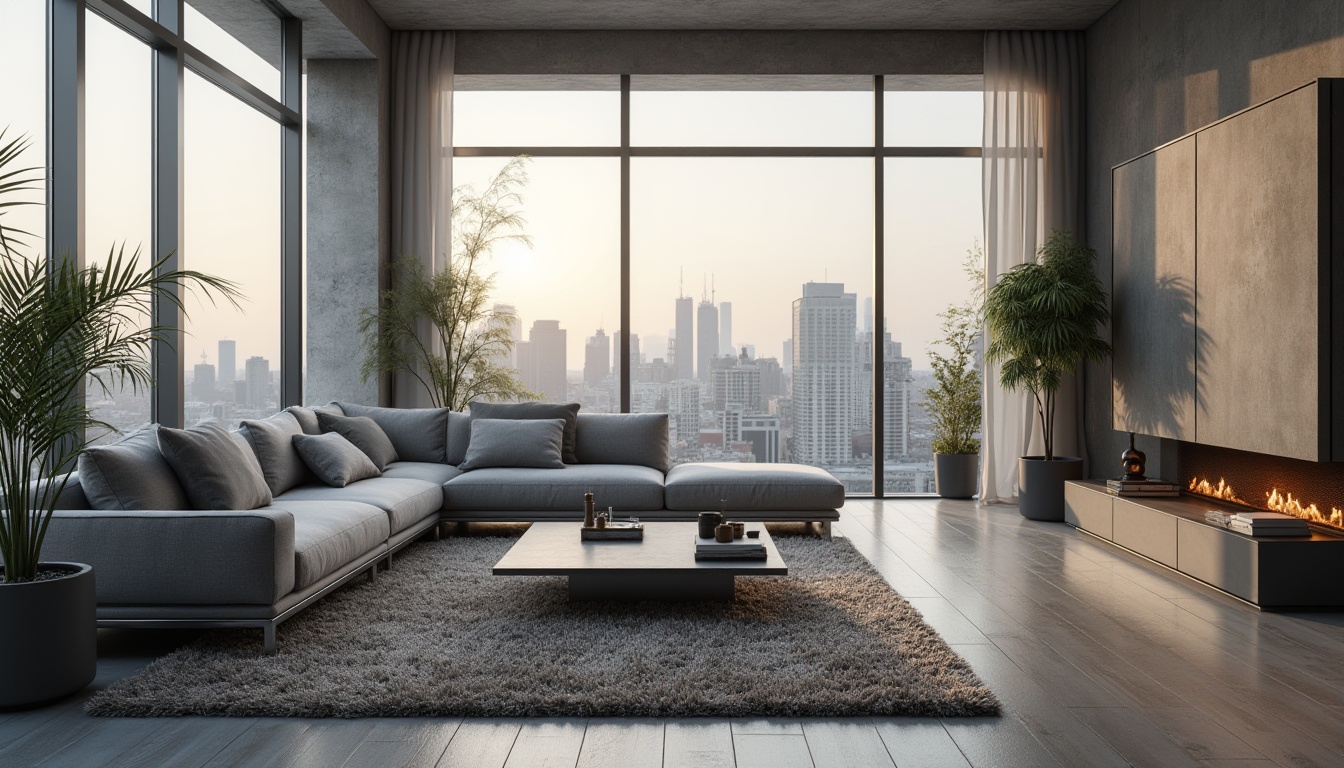 Prompt: Modern living room, sleek minimalist furniture, plush area rug, floor-to-ceiling windows, natural light pouring in, urban cityscape views, concrete walls, industrial chic decor, metallic accents, geometric patterns, monochromatic color scheme, ambient warm lighting, shallow depth of field, 3/4 composition, realistic textures, soft focus blur.