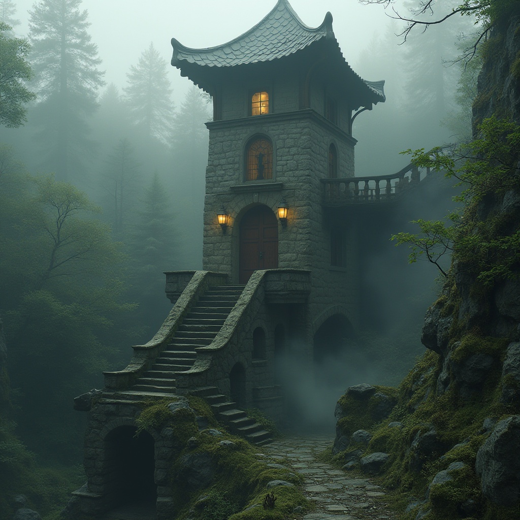 Prompt: \Ethereal watchtower, rugged stone walls, moss-covered roofs, ancient wooden doors, mystical lanterns, winding staircases, foggy misty mornings, eerie silence, abandoned ruins, overgrown vegetation, crumbling architecture, worn-out stonework, mysterious shadows, warm golden lighting, dramatic low-angle shots, cinematic composition, atmospheric depth of field, realistic weathering effects.\