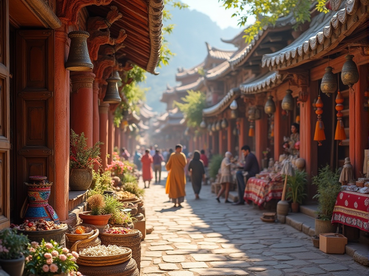 Prompt: Vibrant cultural heritage, traditional ornate details, regional architectural styles, earthy tone color palette, natural materials, handcrafted textiles, community-inspired public spaces, bustling street markets, warm ambient lighting, shallow depth of field, 3/4 composition, panoramic view, realistic textures, ambient occlusion.