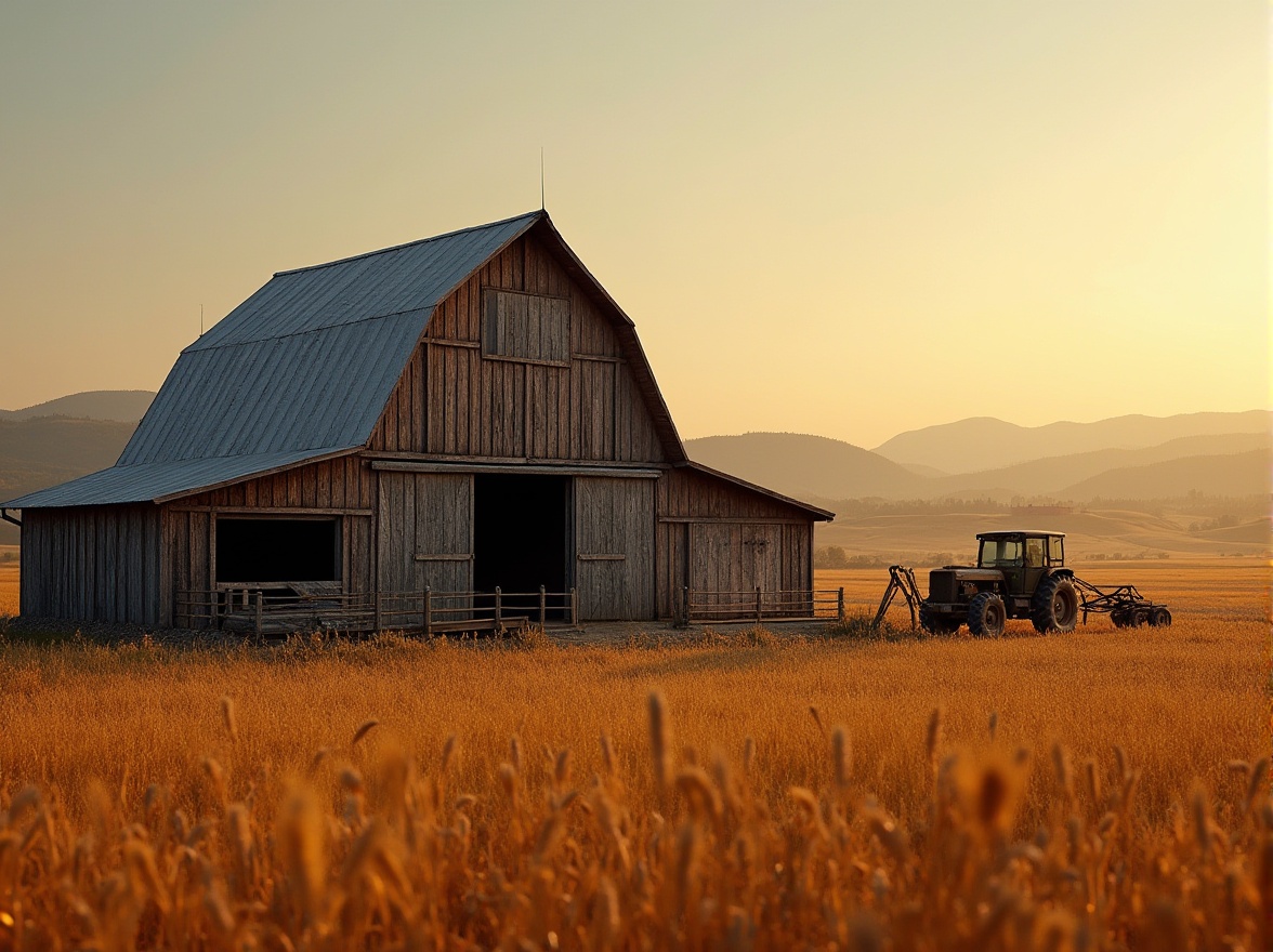 Prompt: Rustic barns, asymmetrical silhouettes, bold angular lines, weathered wooden textures, corrugated metal roofs, vintage farm equipment, rural landscapes, rolling hills, golden wheat fields, warm sunset lighting, soft focus, shallow depth of field, 1/2 composition, dramatic shadows, realistic rustic materials, ambient occlusion.