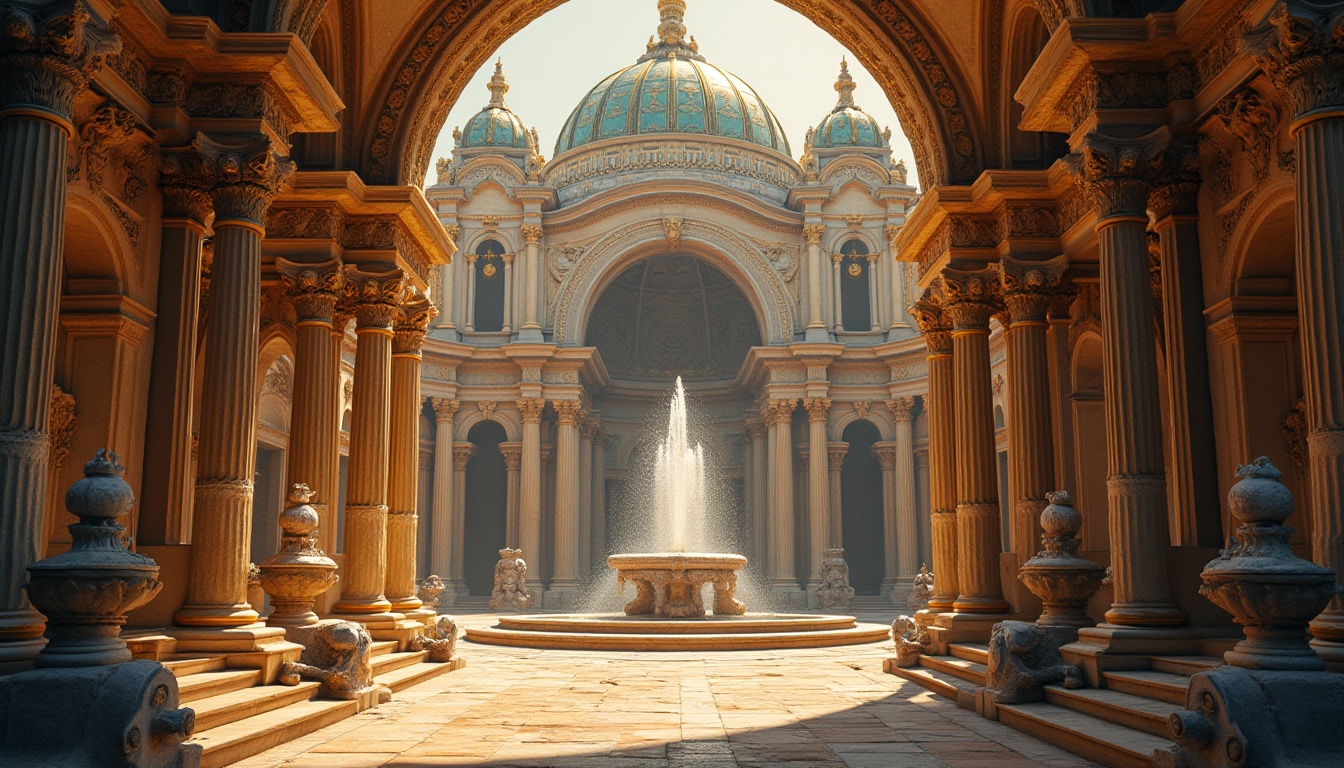 Prompt: Intricate stone carvings, ornate facades, grandiose archways, majestic domes, lavish fountains, opulent statues, gilded details, vibrant frescoes, ornamental columns, Baroque-inspired ornaments, dramatic lighting, warm golden hues, rustic stonework, classic pilasters, symmetrical compositions, shallow depth of field, 2/3 composition, cinematic angles, realistic textures, ambient occlusion.