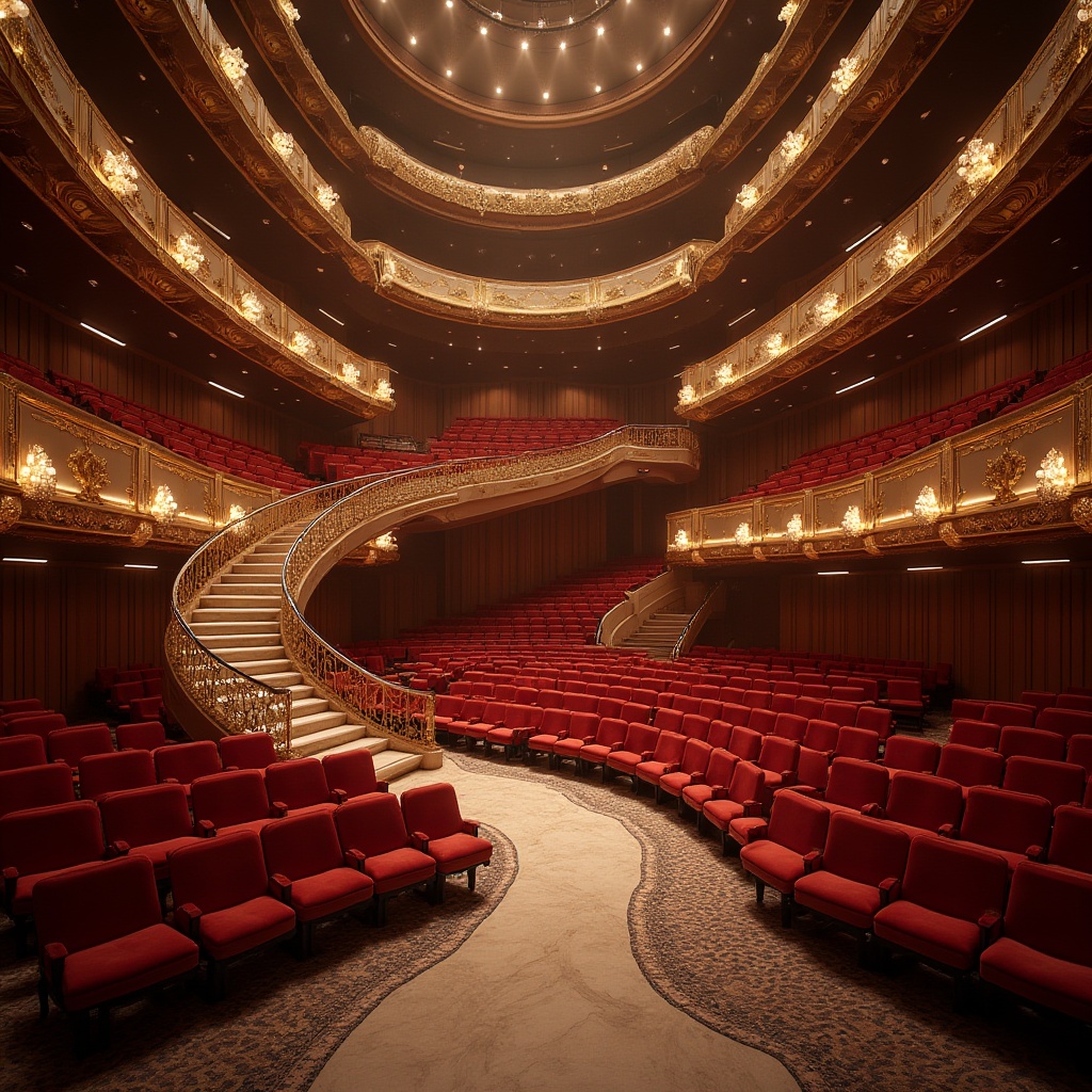 Prompt: Sleek opera house interior, streamline modern architecture, grand staircases, curved balconies, velvet red seats, ornate gold accents, crystal chandeliers, marble floors, geometric patterned rugs, dramatic spotlights, soft warm ambiance, shallow depth of field, 1/1 composition, panoramic view, realistic textures, ambient occlusion, luxurious VIP lounges, exclusive amenities, state-of-the-art sound systems, advanced acoustics, futuristic LED lighting, minimalist decor, spacious foyers, majestic high ceilings.