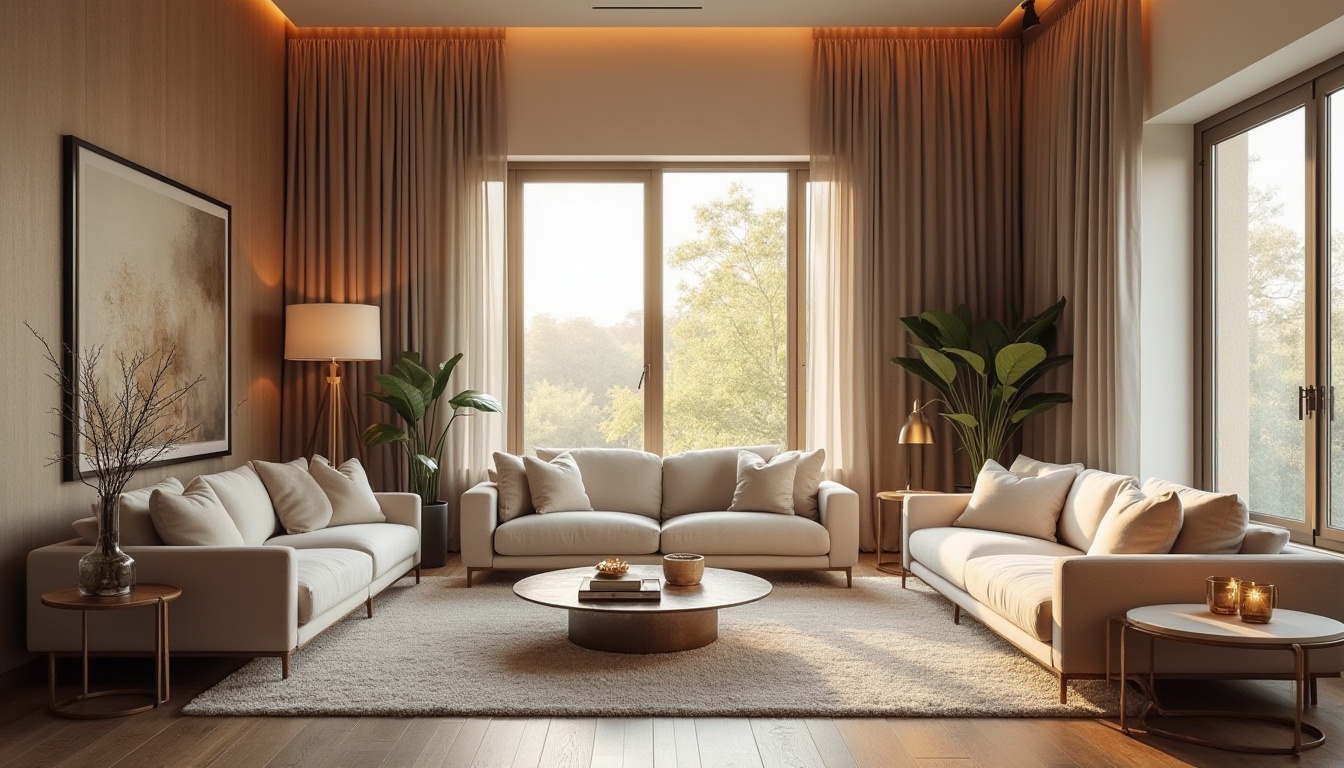 Prompt: Cozy living room, plush sofas, warm lighting, rich wood tones, textured rugs, comfortable seating areas, modern minimalist decor, large windows, natural daylight, soft pastel colors, elegant curtains, sophisticated furniture pieces, luxurious fabrics, metallic accents, inviting atmosphere, relaxed vibe, 1/1 composition, shallow depth of field, warm color palette, soft focus effect.